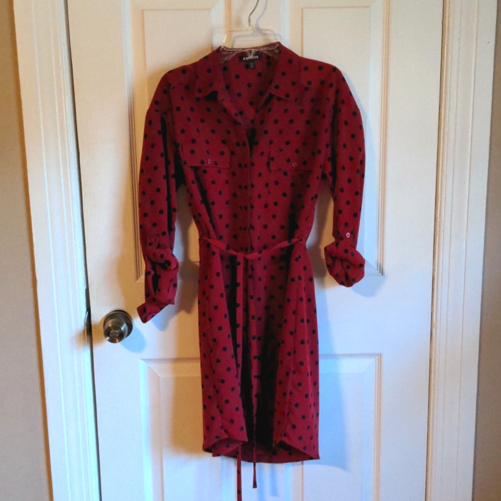 Express Red polkadot button-up shirt dress with roll-up sleeves